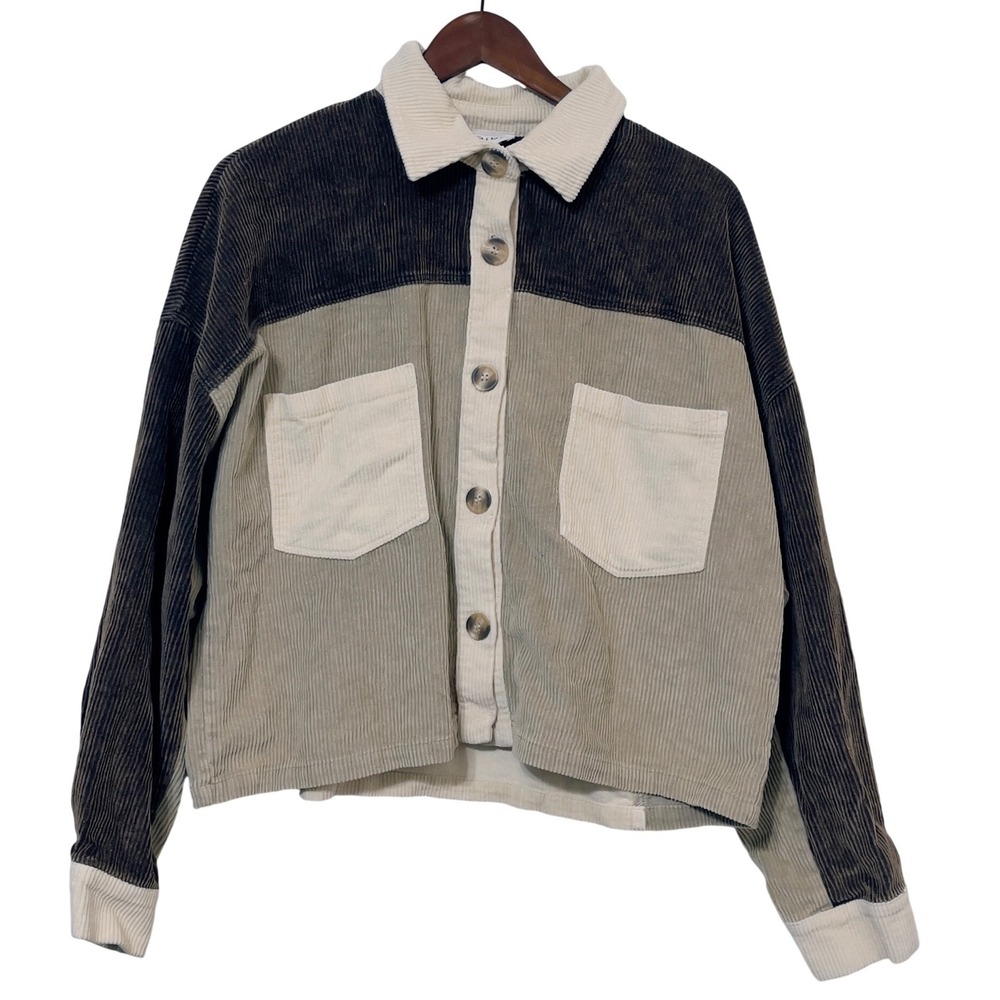BIBI Colorblock Corduroy Shacket XL Gray Tan Cream Chore Utility Boho Jacket